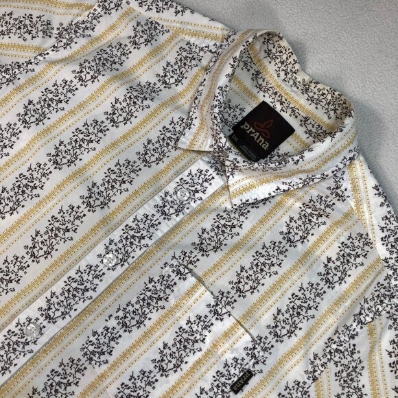 Prana Shirt Mens S White Yellow Floral Stripes Pocket 100% Cotton Button Up Logo - Picture 1 of 14